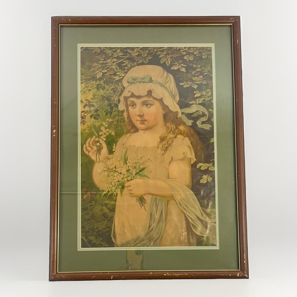 Vintage Victorian Girl Floral Bouquet Bonnet Garden Print Matted Framed 18x25”